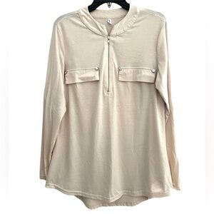 Cream Long Sleeve Cotton Pullover with Zipper